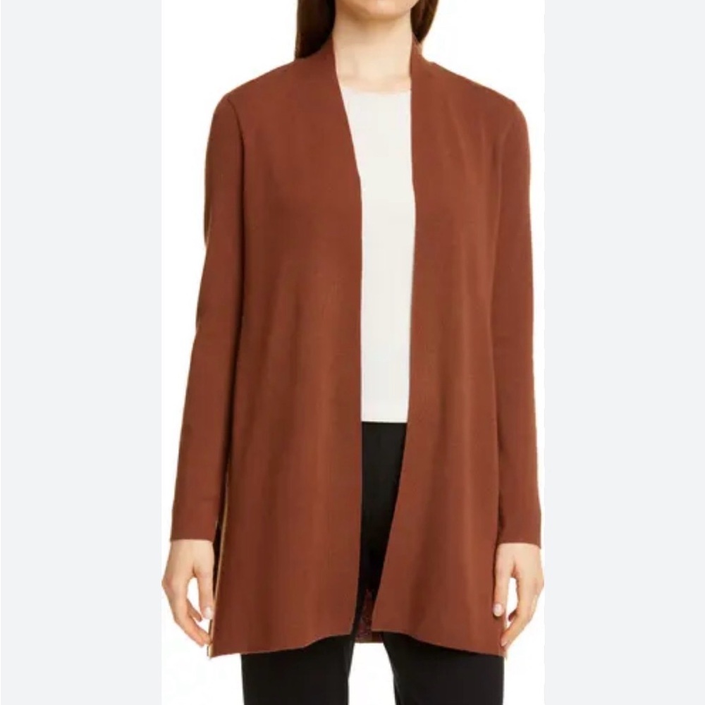 Eileen Fisher Merino Wool Open-Front‎ Long Cardigan in Rust Brown
